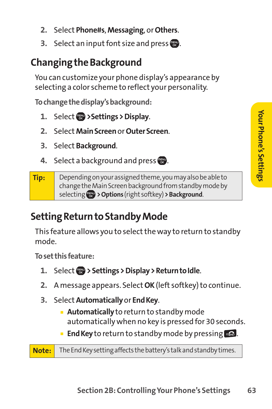 Changing the background, Setting return to standby mode | Sprint Nextel Cell Phone User Manual | Page 81 / 336