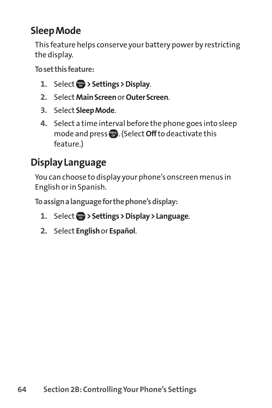 Sleep mode, Display language | Sprint Nextel Cell Phone User Manual | Page 82 / 336