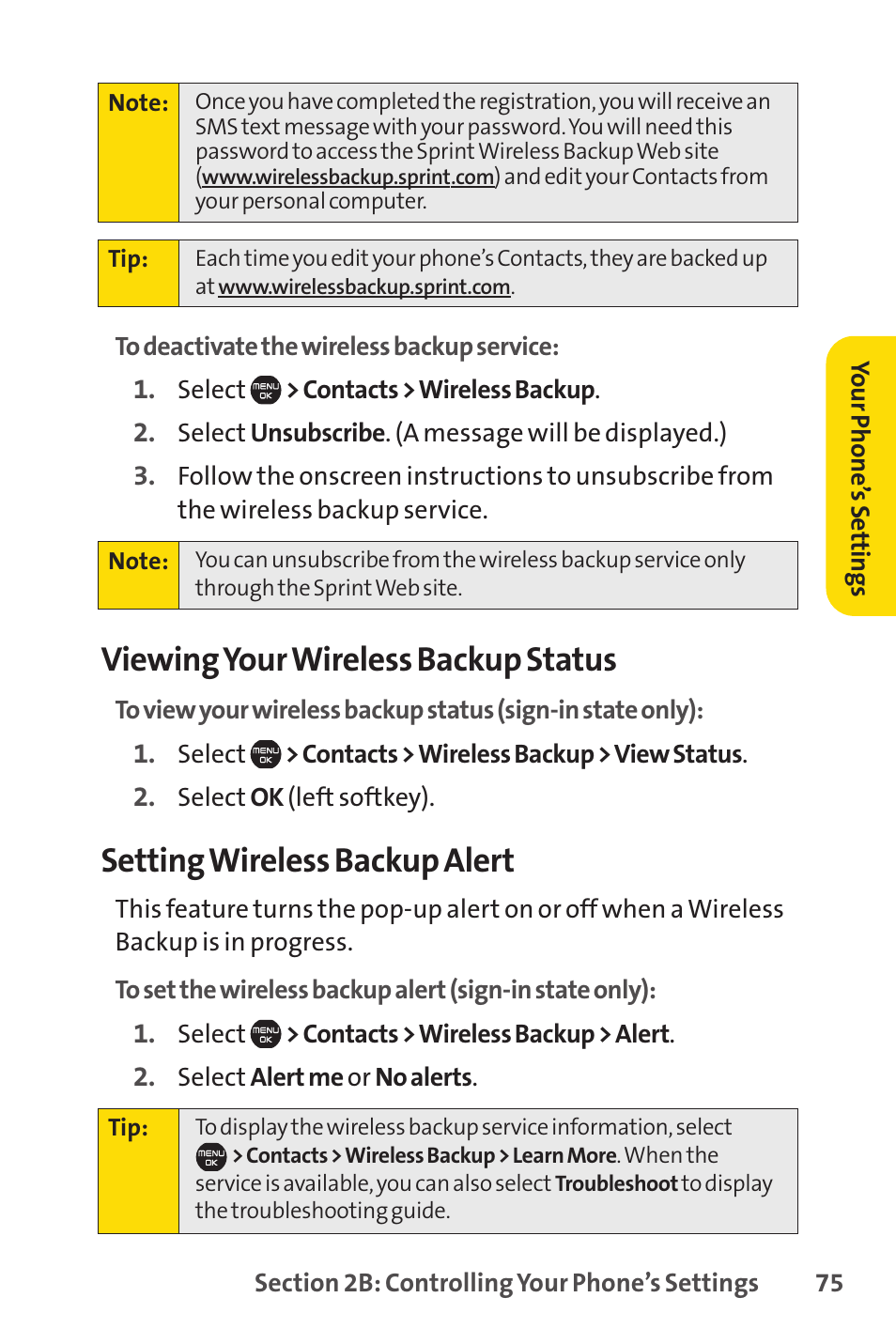 Viewing your wireless backup status, Setting wireless backup alert | Sprint Nextel Cell Phone User Manual | Page 93 / 336