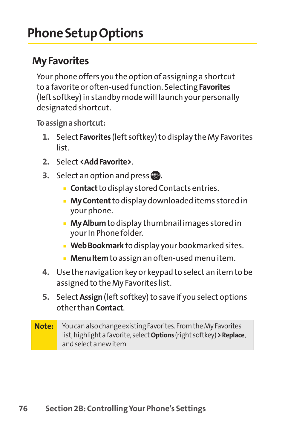 Phone setup options, My favorites | Sprint Nextel Cell Phone User Manual | Page 94 / 336