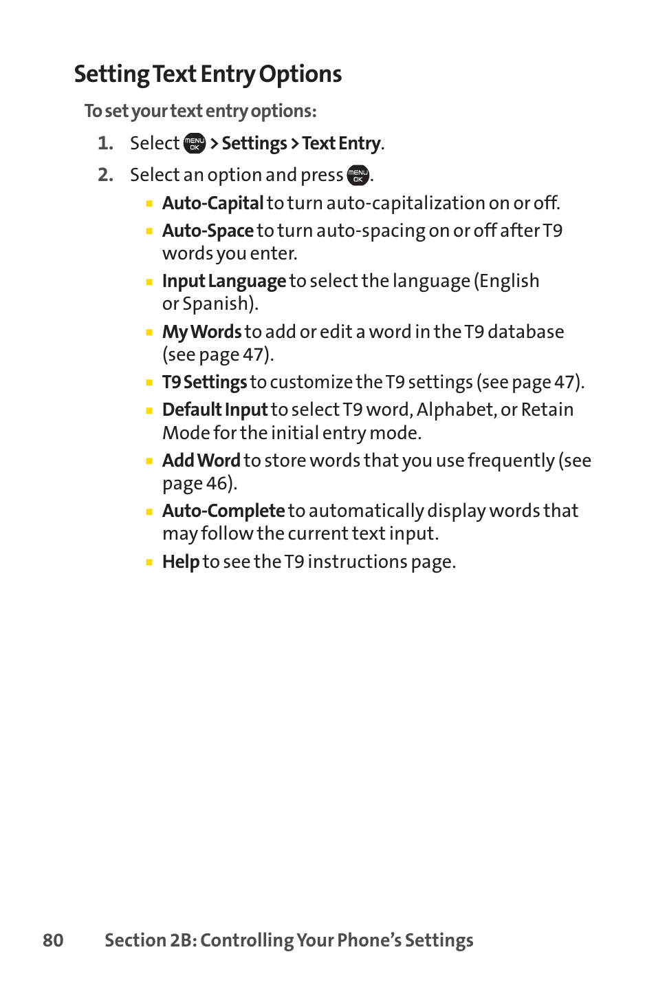 Setting text entry options | Sprint Nextel Cell Phone User Manual | Page 98 / 336