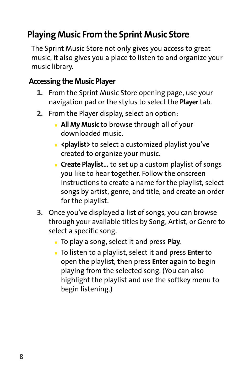 Playing music from the sprint music store, Accessing the music player | Sprint Nextel Stereo Receiver User Manual | Page 10 / 22