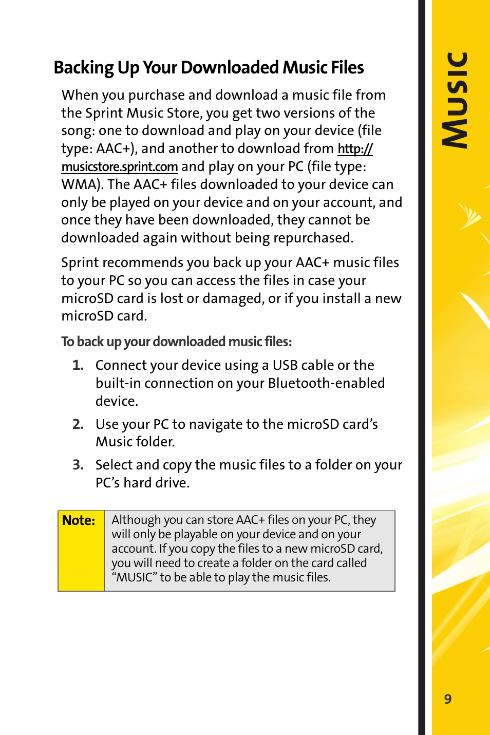 Backing up your downloaded music files, Music | Sprint Nextel Stereo Receiver User Manual | Page 11 / 22