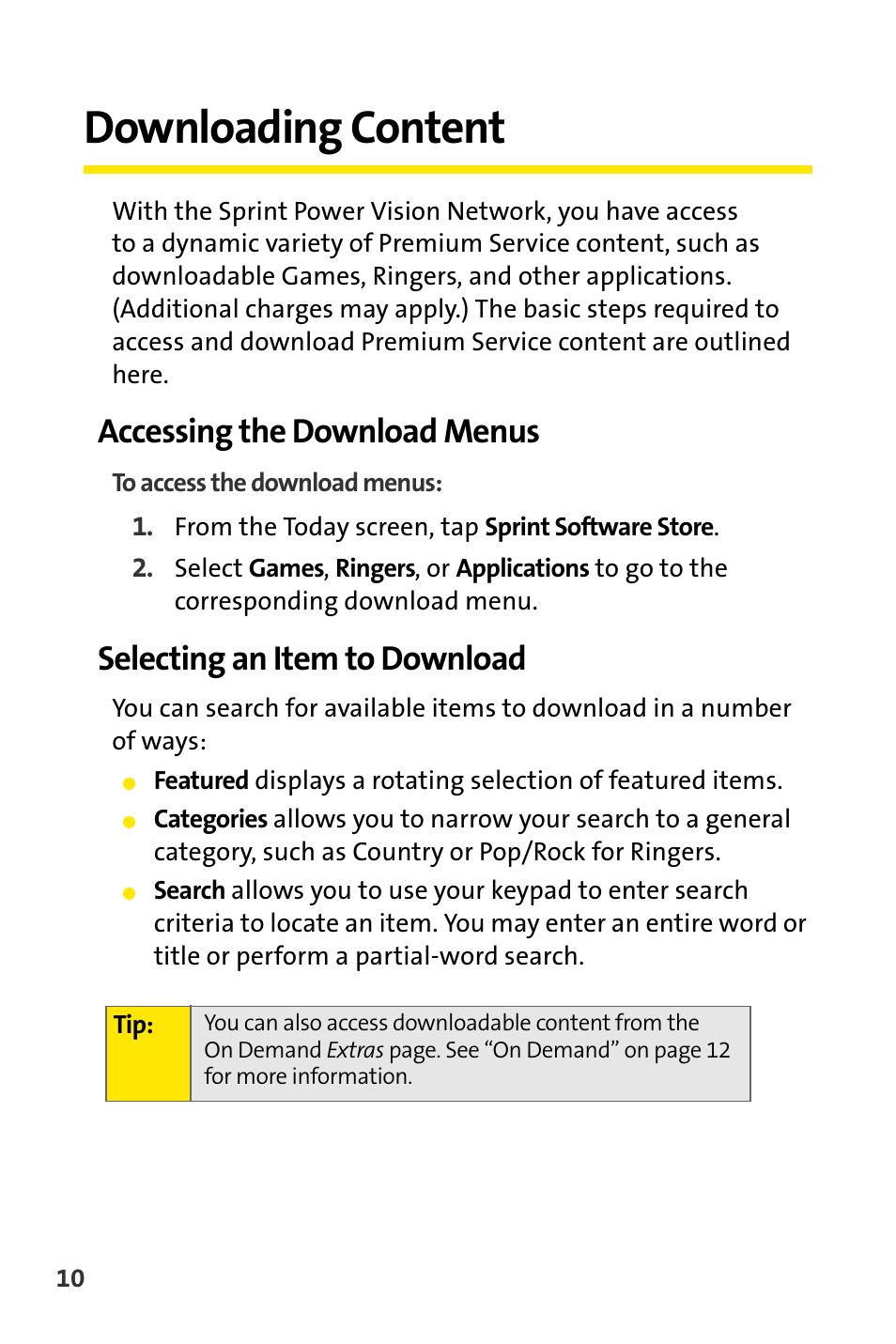 Downloading content, Accessing the download menus, Selecting an item to download | Sprint Nextel Stereo Receiver User Manual | Page 12 / 22