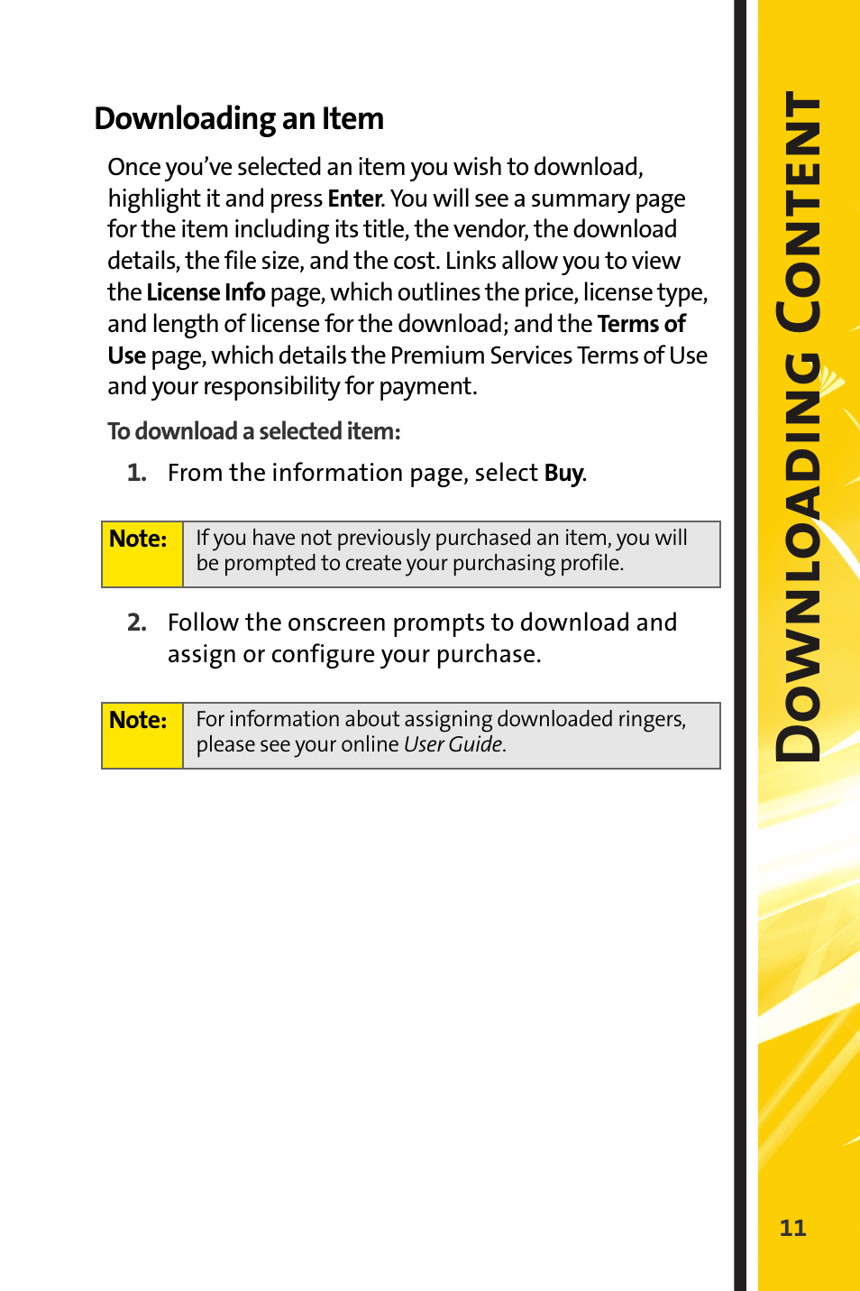 Downloading an item, Down lo adi ng c o ntent | Sprint Nextel Stereo Receiver User Manual | Page 13 / 22