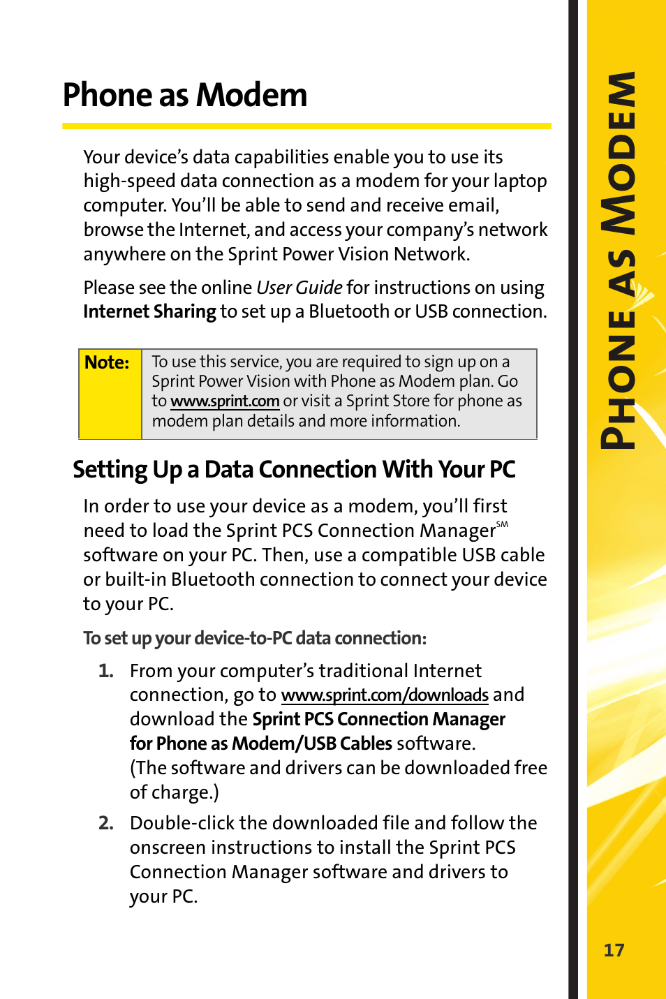 Phone as modem, Setting up a data connection with your pc, Phon e as modem | Sprint Nextel Stereo Receiver User Manual | Page 19 / 22