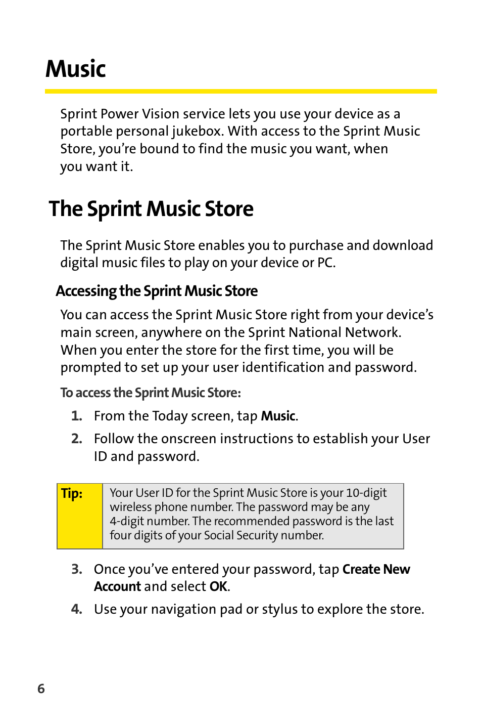 Music, The sprint music store, Accessing the sprint music store | Sprint Nextel Stereo Receiver User Manual | Page 8 / 22