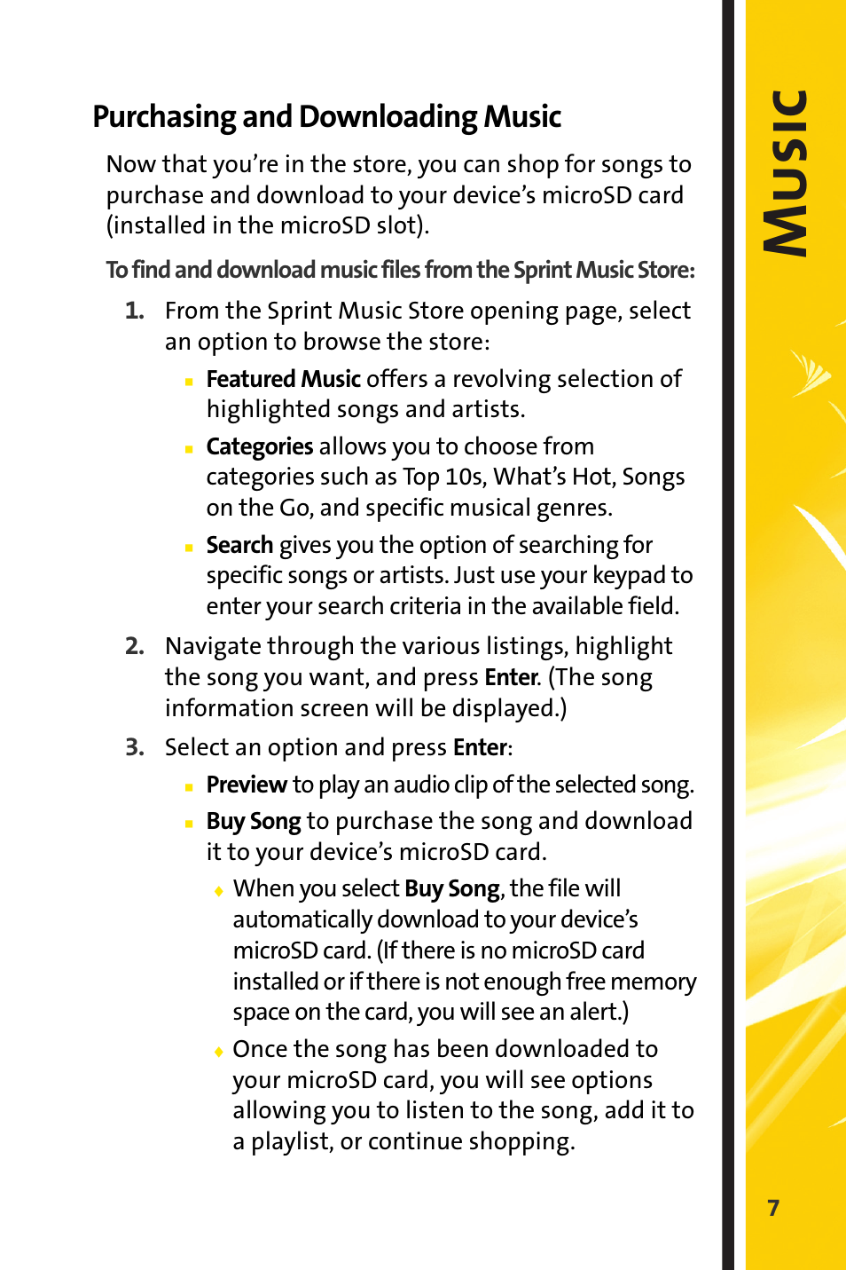 Purchasing and downloading music, Music | Sprint Nextel Stereo Receiver User Manual | Page 9 / 22