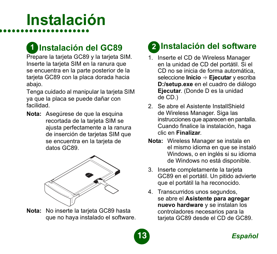 Instalación del gc89, Instalación del software, Instalación | Sprint Nextel GC89 User Manual | Page 13 / 41