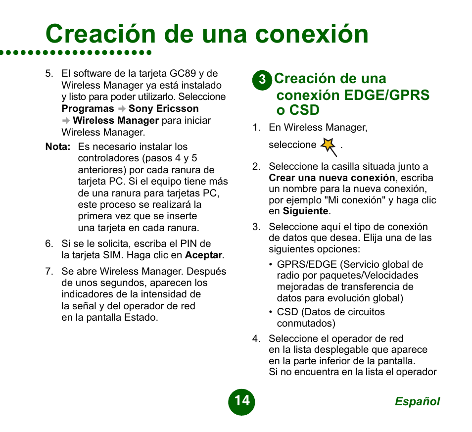 Creación de una conexión edge/gprs o csd, Creación de una conexión | Sprint Nextel GC89 User Manual | Page 14 / 41