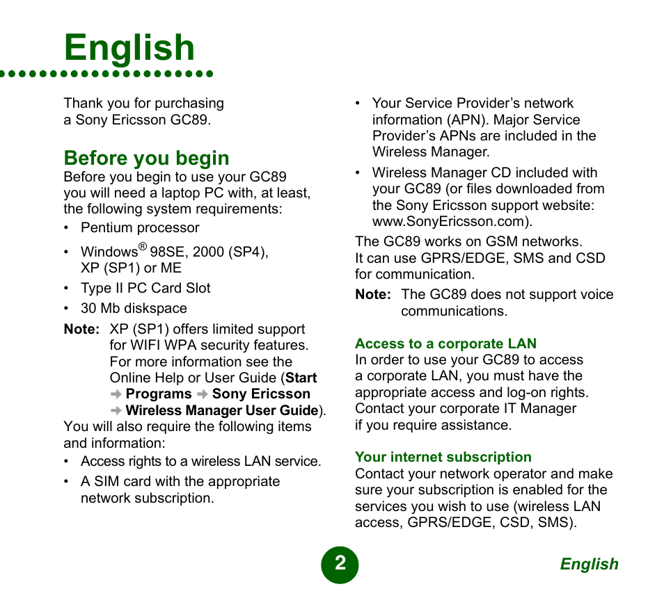 Before you begin, English | Sprint Nextel GC89 User Manual | Page 2 / 41