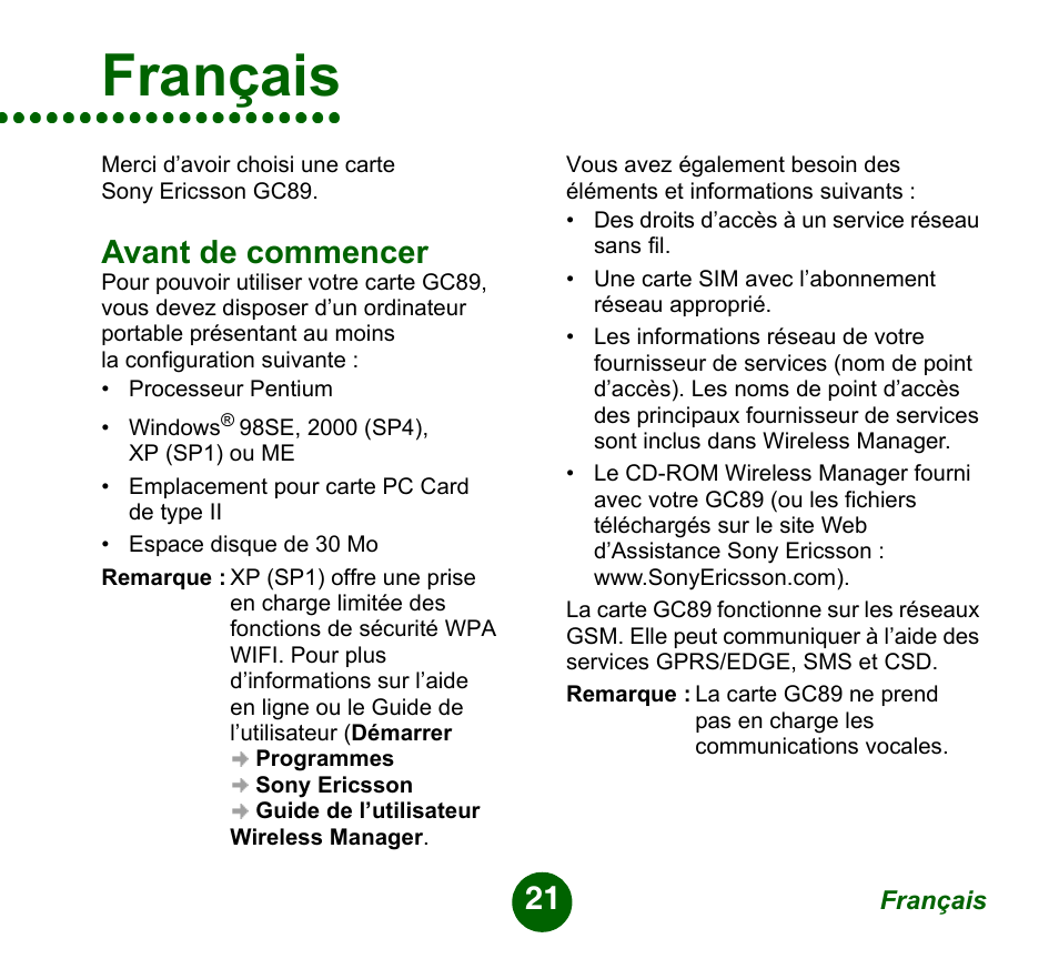 Avant de commencer, Français | Sprint Nextel GC89 User Manual | Page 21 / 41