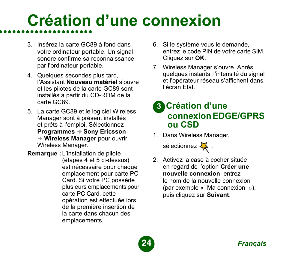 Création d’une connexion edge/gprs ou csd, Création d’une connexion | Sprint Nextel GC89 User Manual | Page 24 / 41