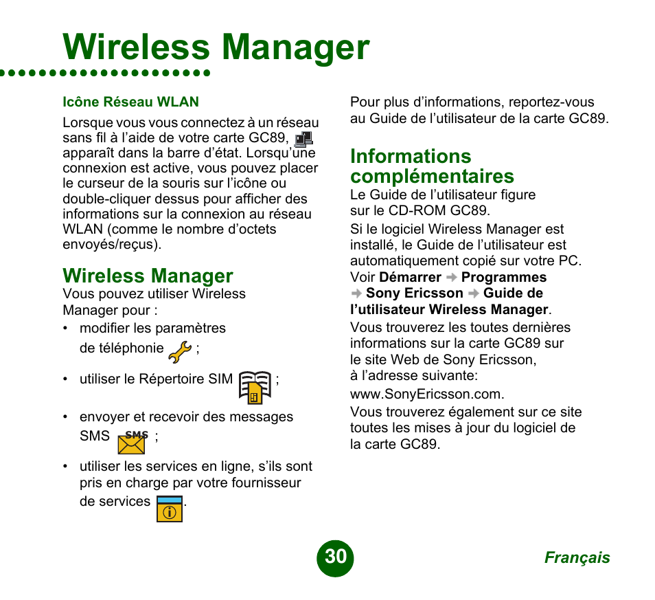 Wireless manager, Informations complémentaires | Sprint Nextel GC89 User Manual | Page 30 / 41