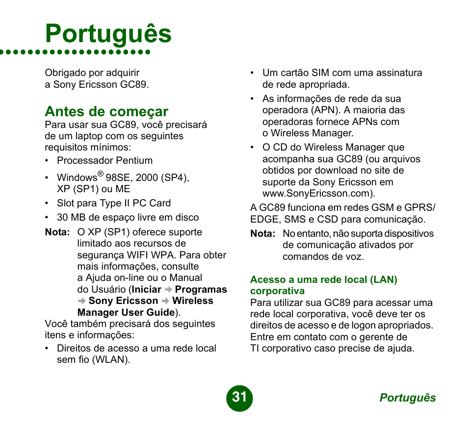 Antes de começar, Português | Sprint Nextel GC89 User Manual | Page 31 / 41