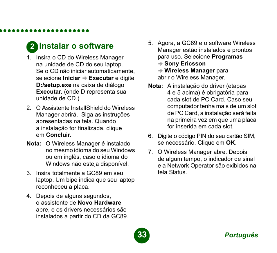 Instalar o software | Sprint Nextel GC89 User Manual | Page 33 / 41