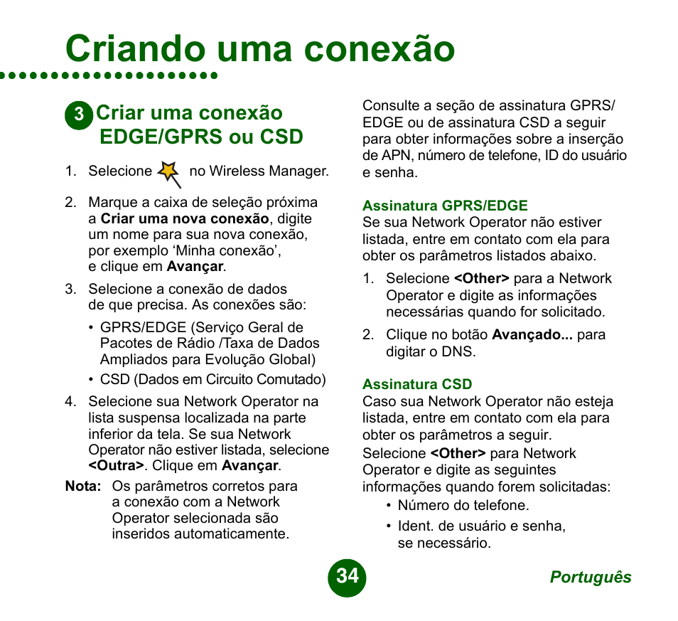 Criar uma conexão edge/gprs ou csd, Criando uma conexão | Sprint Nextel GC89 User Manual | Page 34 / 41