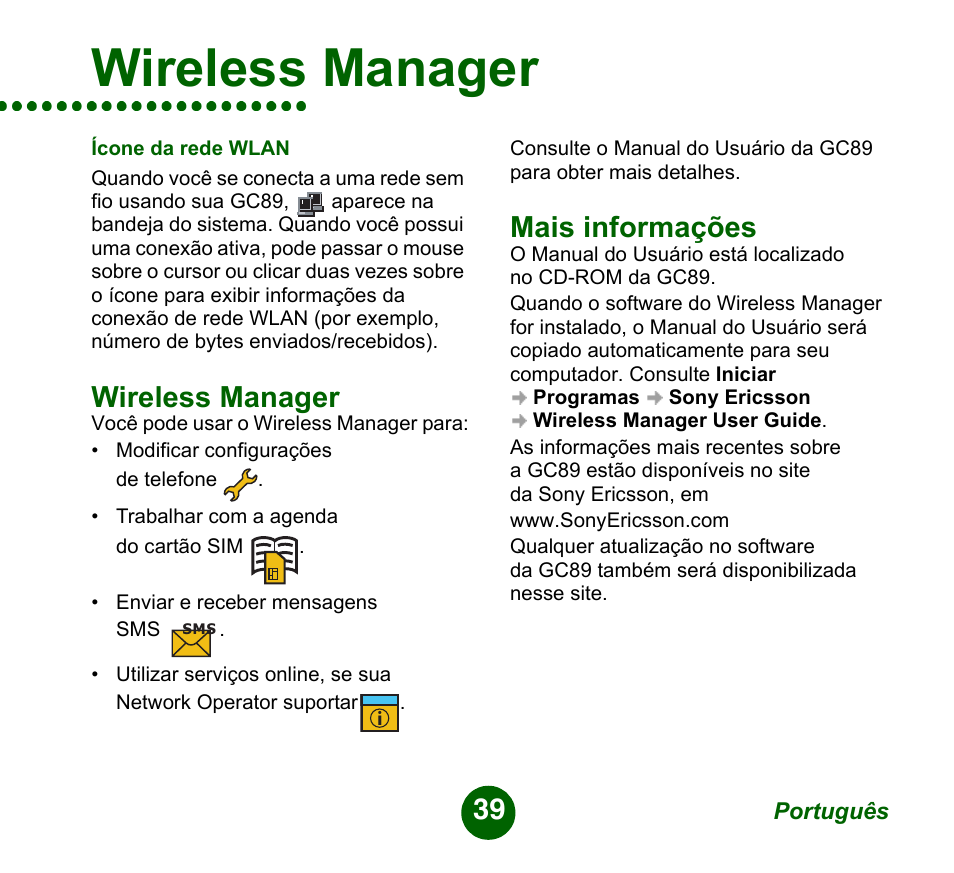 Wireless manager, Mais informações | Sprint Nextel GC89 User Manual | Page 39 / 41