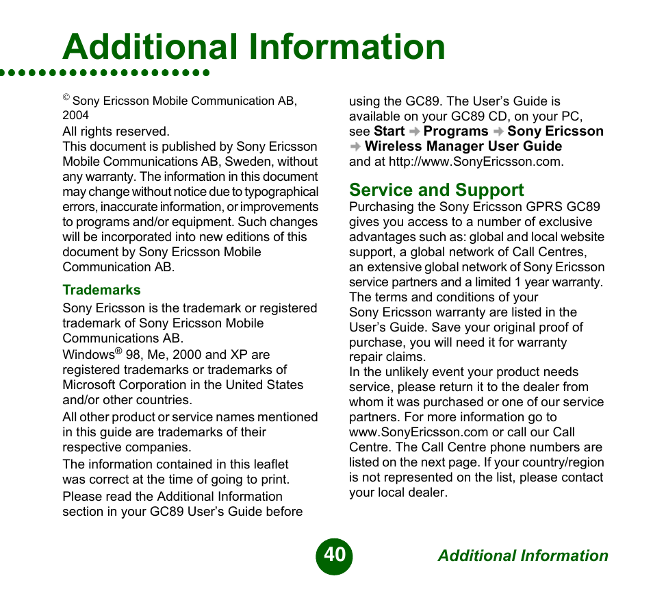 Service and support, Additional information | Sprint Nextel GC89 User Manual | Page 40 / 41