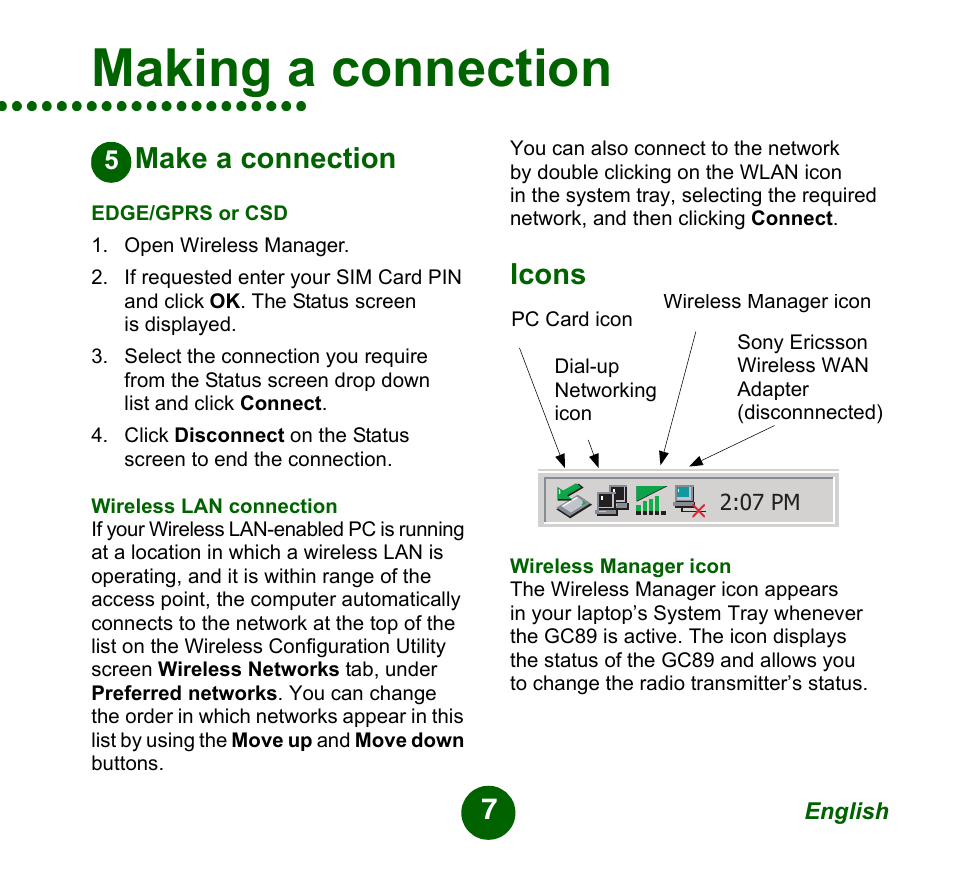 Make a connection, Icons, Making a connection | Sprint Nextel GC89 User Manual | Page 7 / 41