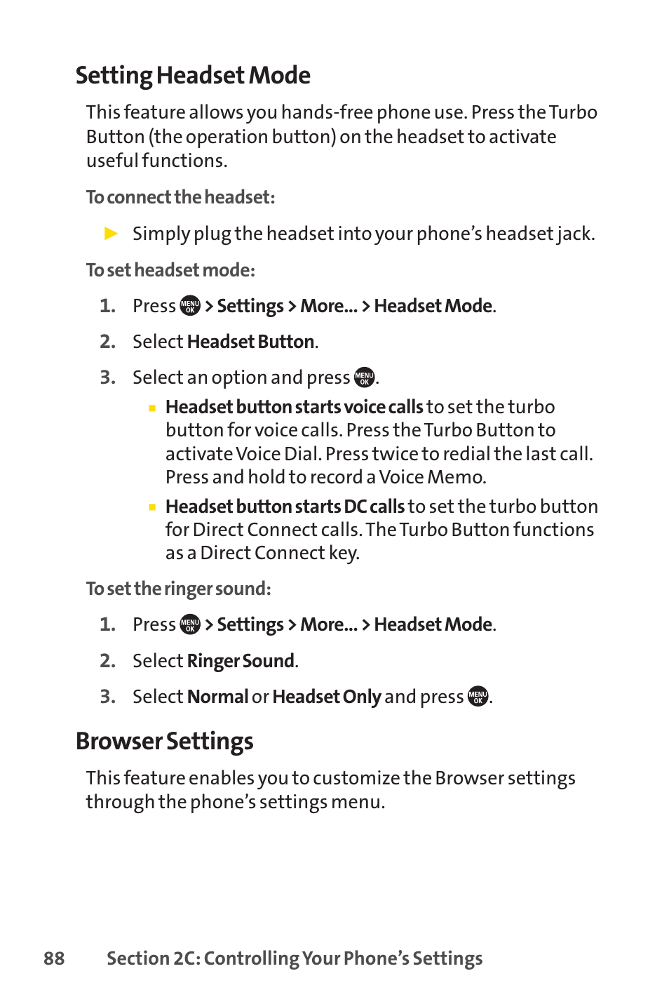 Setting headset mode, Browser settings | Sprint Nextel SANYO PRO-700 User Manual | Page 102 / 236