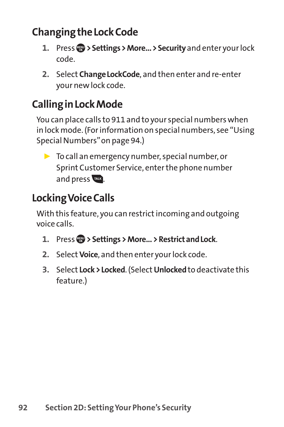 Changing the lock code, Calling in lock mode, Locking voice calls | Sprint Nextel SANYO PRO-700 User Manual | Page 106 / 236