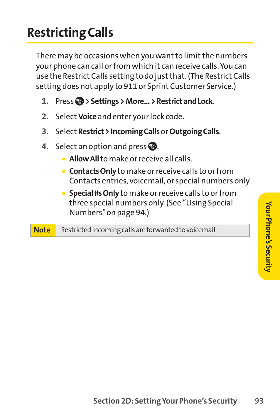 Restricting calls, E 93) | Sprint Nextel SANYO PRO-700 User Manual | Page 107 / 236