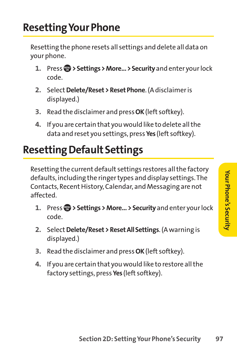 Resetting your phone, Resetting default settings, Resetting your phone resetting default settings | E 97) | Sprint Nextel SANYO PRO-700 User Manual | Page 111 / 236