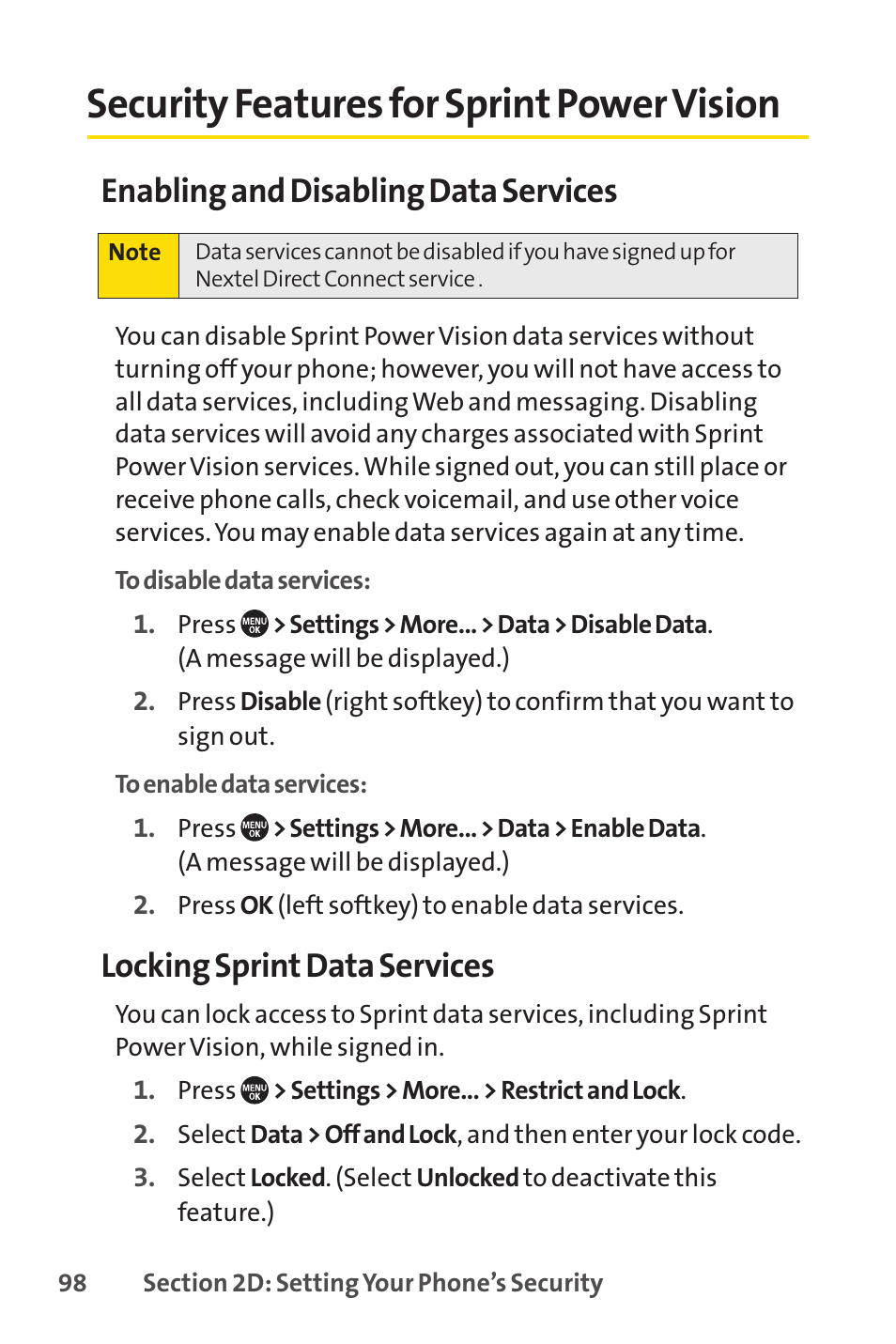 Security features for sprint power vision, E 98), Enabling and disabling data services | Locking sprint data services | Sprint Nextel SANYO PRO-700 User Manual | Page 112 / 236