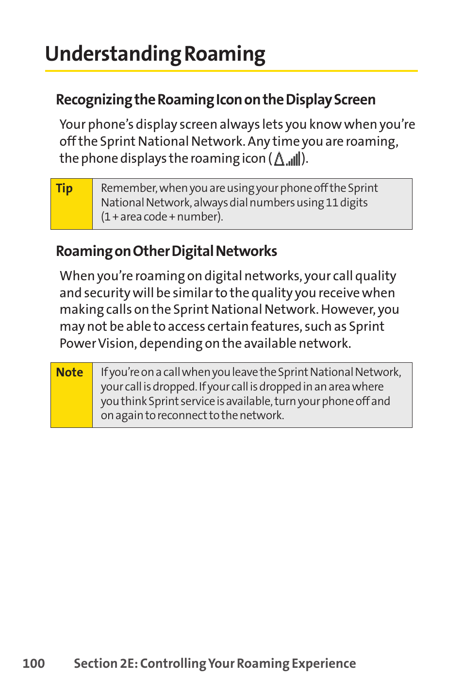 Understanding roaming, E 100) | Sprint Nextel SANYO PRO-700 User Manual | Page 114 / 236