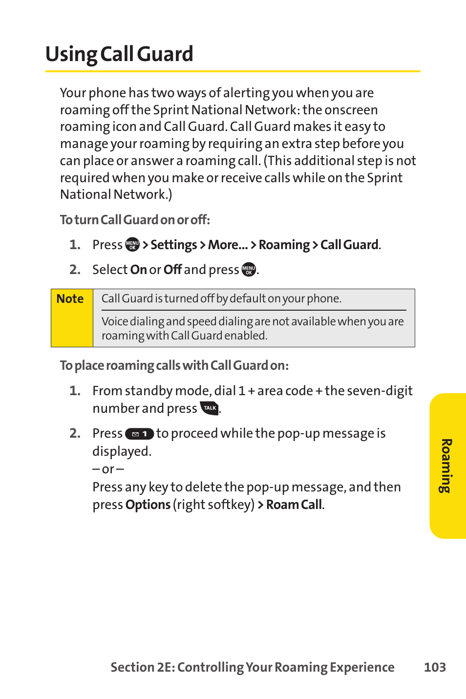 Using call guard, E 103.), E 103 f | E 103) | Sprint Nextel SANYO PRO-700 User Manual | Page 117 / 236