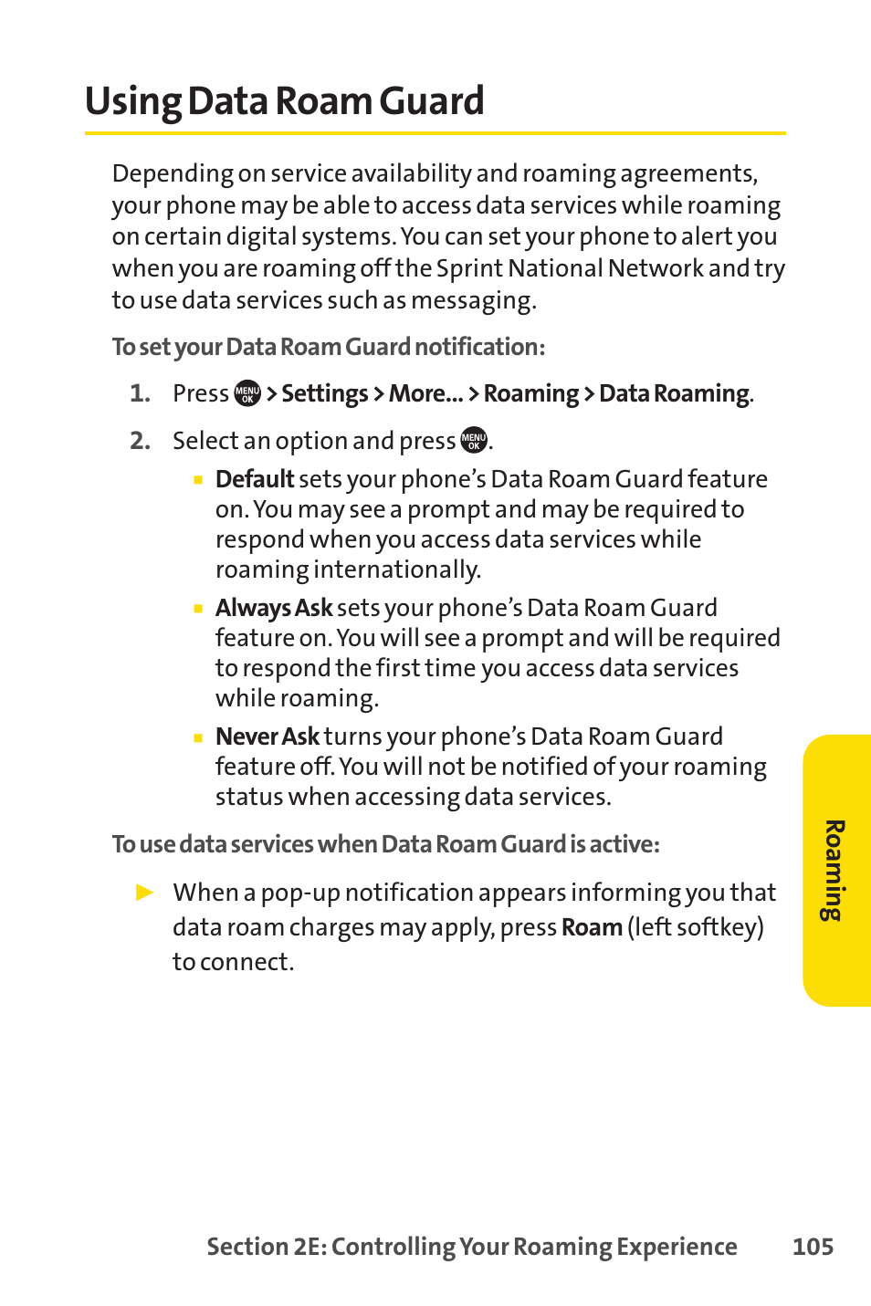 Using data roam guard, E 105) | Sprint Nextel SANYO PRO-700 User Manual | Page 119 / 236
