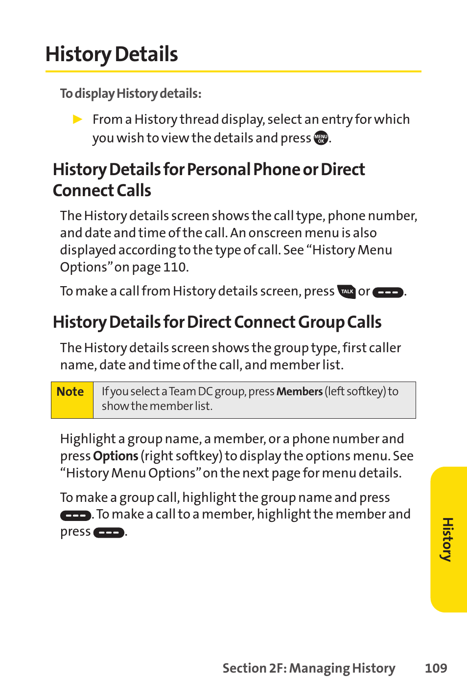 History details, E 109), History details for direct connect group calls | Sprint Nextel SANYO PRO-700 User Manual | Page 123 / 236