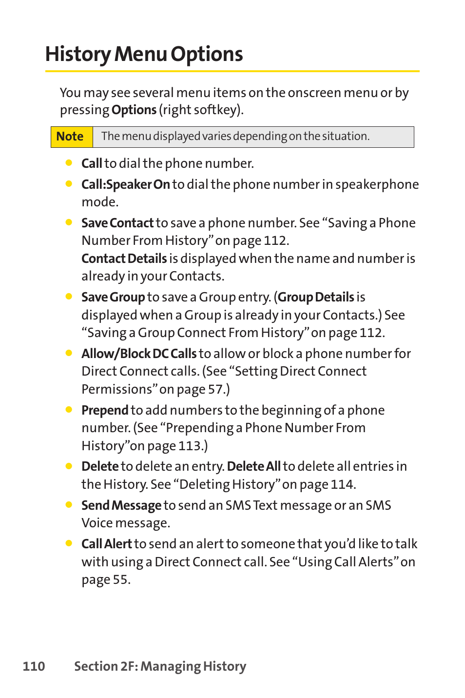 History menu options, E 110) | Sprint Nextel SANYO PRO-700 User Manual | Page 124 / 236