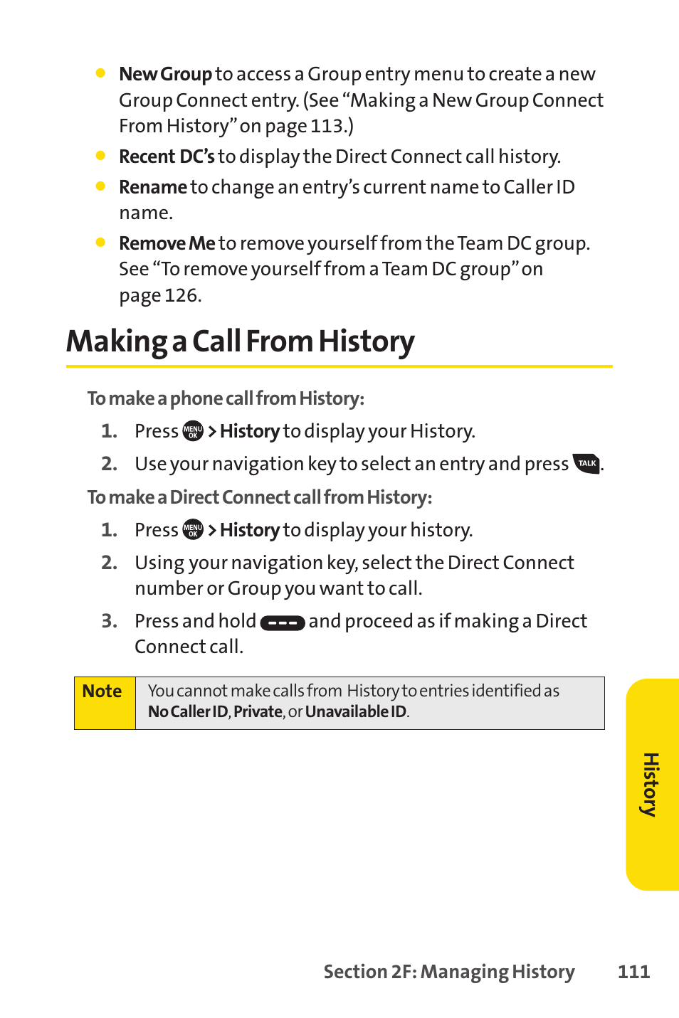 Making a call from history, E 111) | Sprint Nextel SANYO PRO-700 User Manual | Page 125 / 236