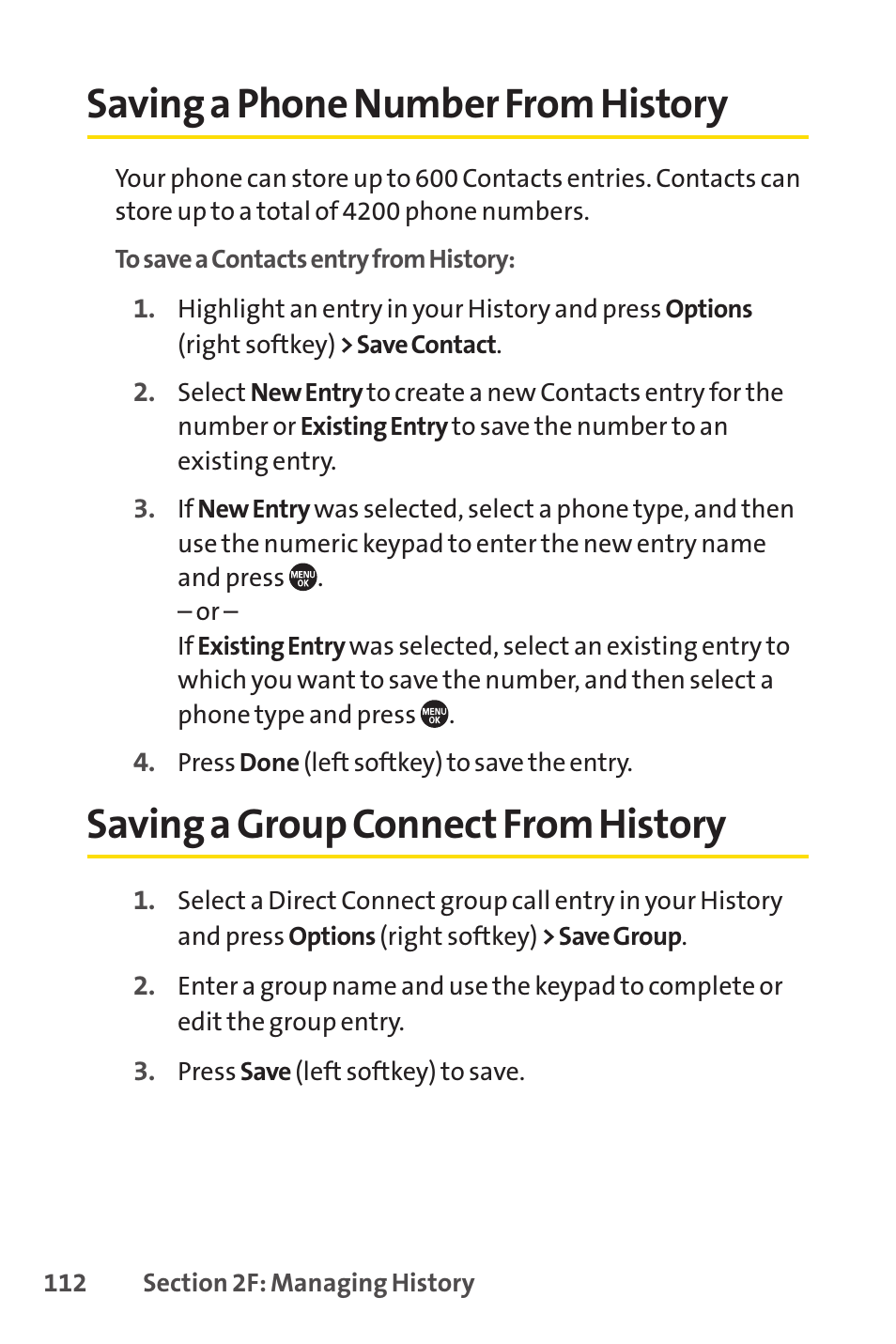 Saving a phone number from history, Saving a group connect from history, E 112) | E 112 | Sprint Nextel SANYO PRO-700 User Manual | Page 126 / 236