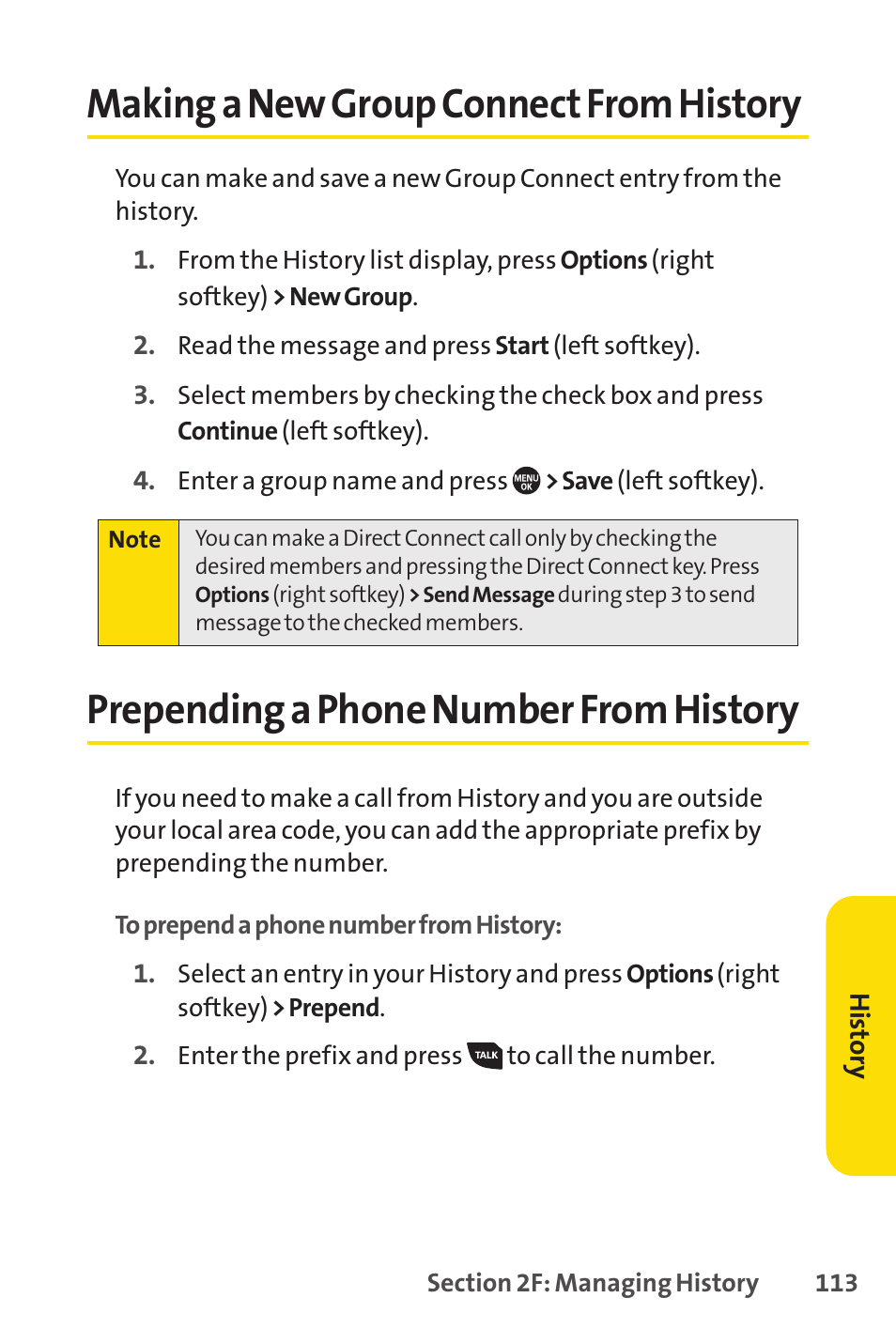 Making a new group connect from history, Prepending a phone number from history, E 113) | E 113.) | Sprint Nextel SANYO PRO-700 User Manual | Page 127 / 236