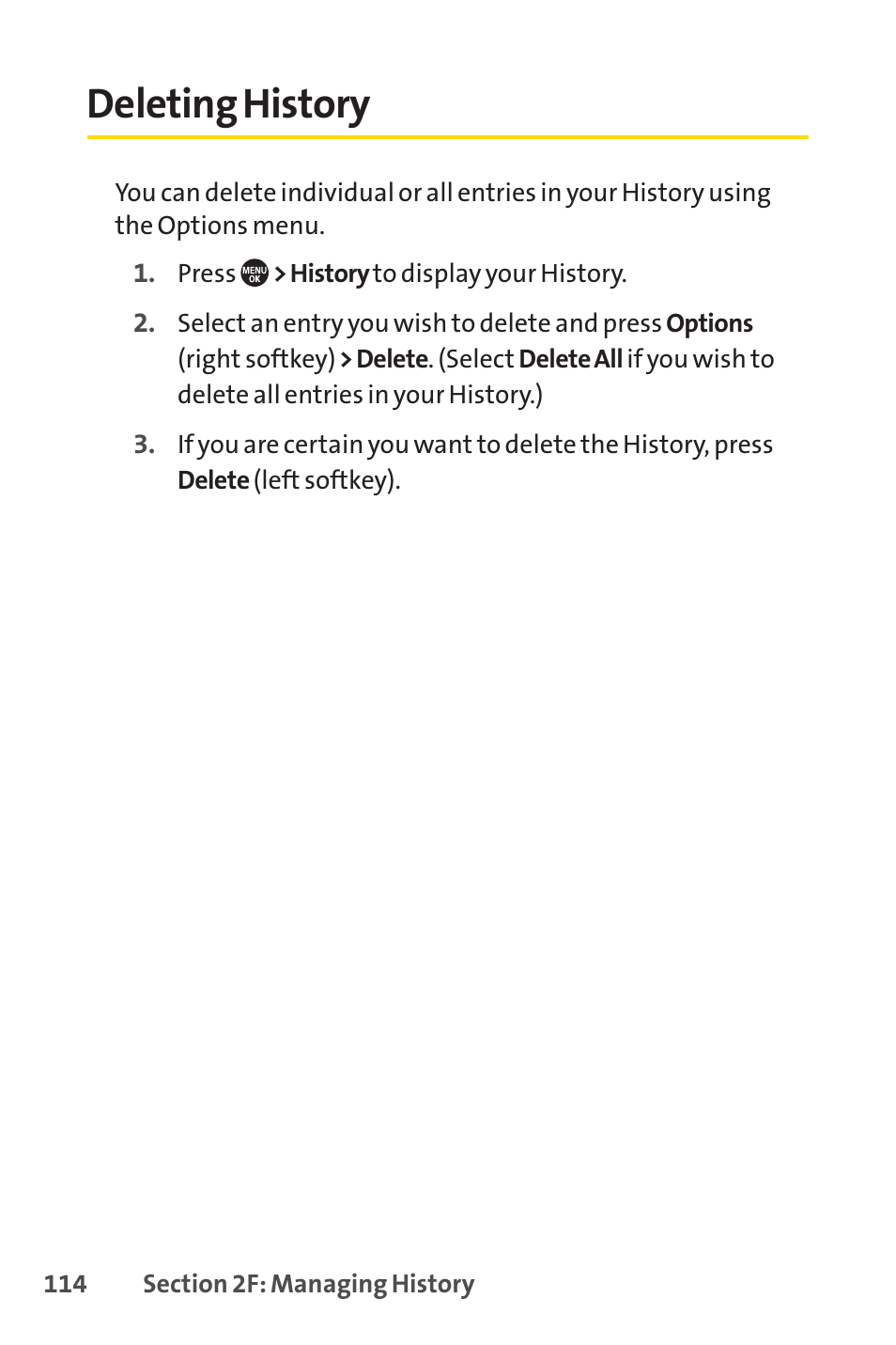 Deleting history, E 114), E 114 | Sprint Nextel SANYO PRO-700 User Manual | Page 128 / 236