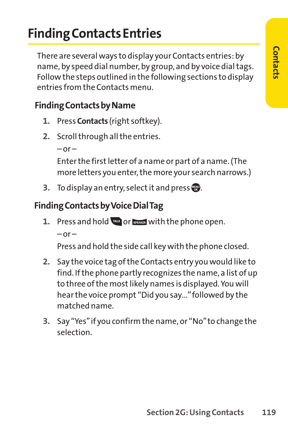 Finding contacts entries, E 119) | Sprint Nextel SANYO PRO-700 User Manual | Page 133 / 236