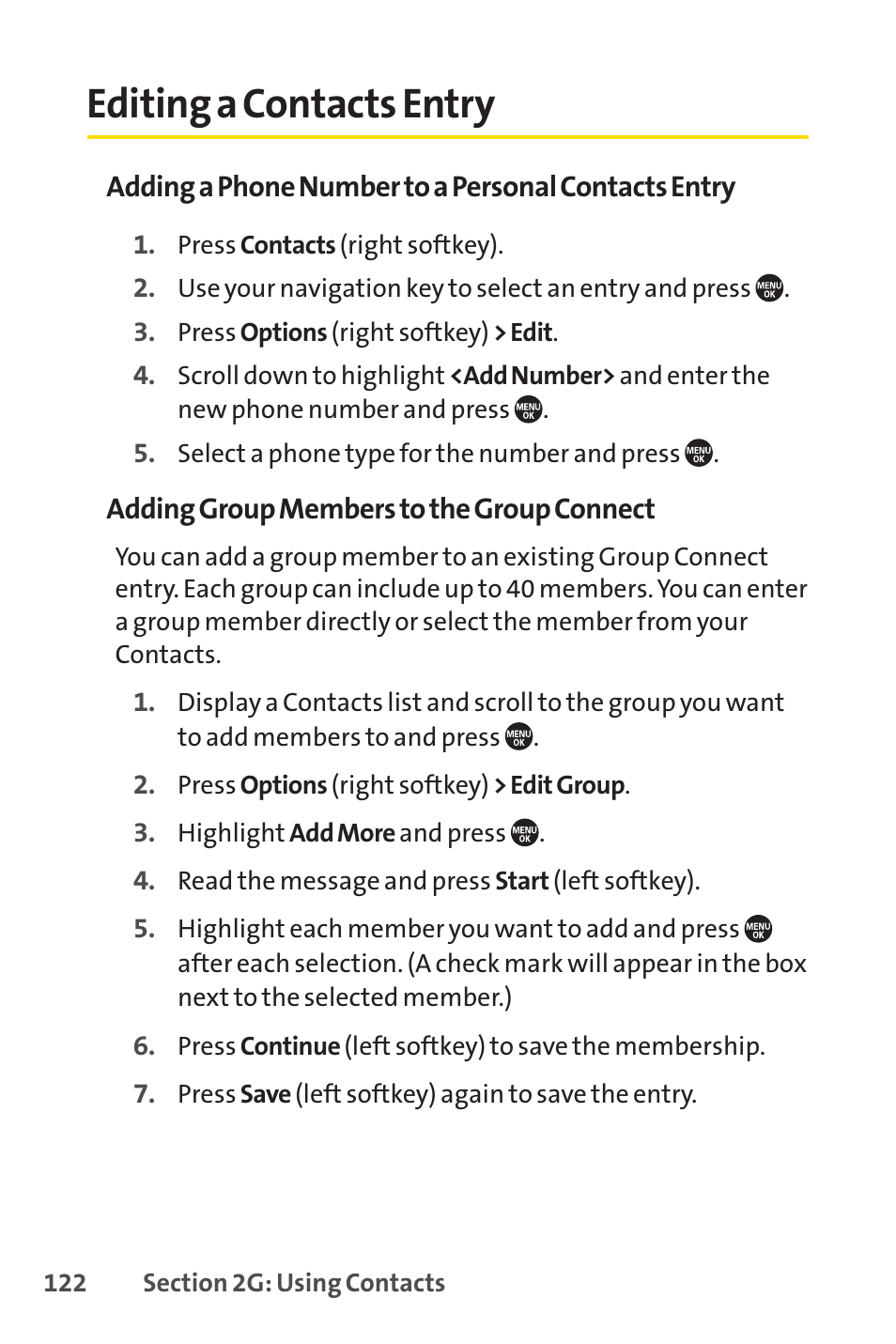 Editing a contacts entry, E 122) | Sprint Nextel SANYO PRO-700 User Manual | Page 136 / 236