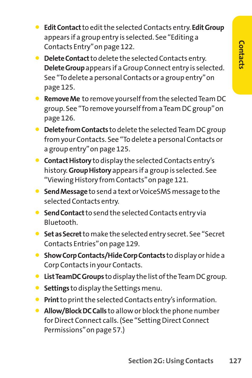 Co n ta ct s, Settings to display the settings menu | Sprint Nextel SANYO PRO-700 User Manual | Page 141 / 236