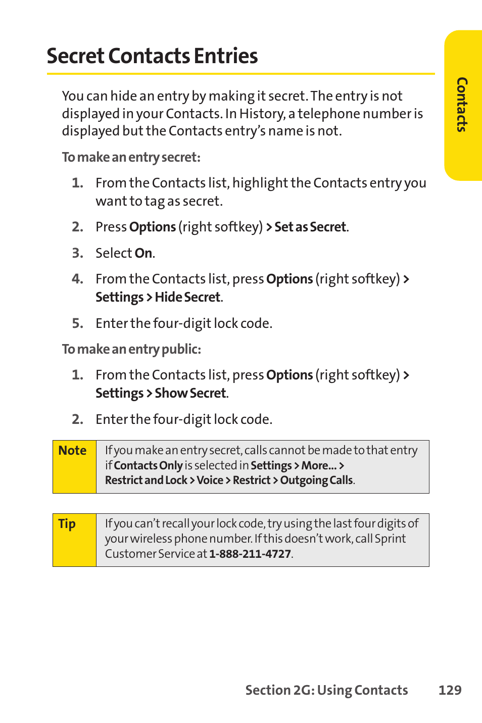 Secret contacts entries, E 129 | Sprint Nextel SANYO PRO-700 User Manual | Page 143 / 236