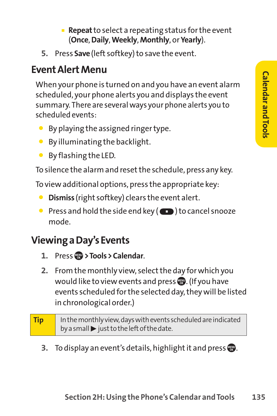Event alert menu, Viewing a day’s events | Sprint Nextel SANYO PRO-700 User Manual | Page 149 / 236