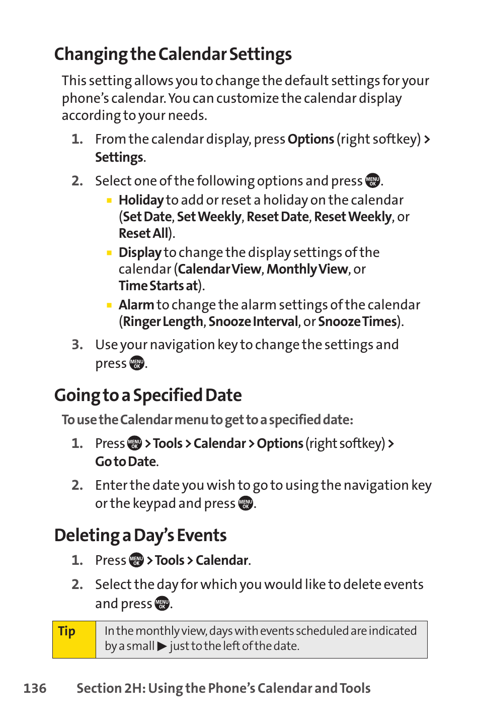 Changing the calendar settings, Going to a specified date, Deleting a day’s events | Sprint Nextel SANYO PRO-700 User Manual | Page 150 / 236
