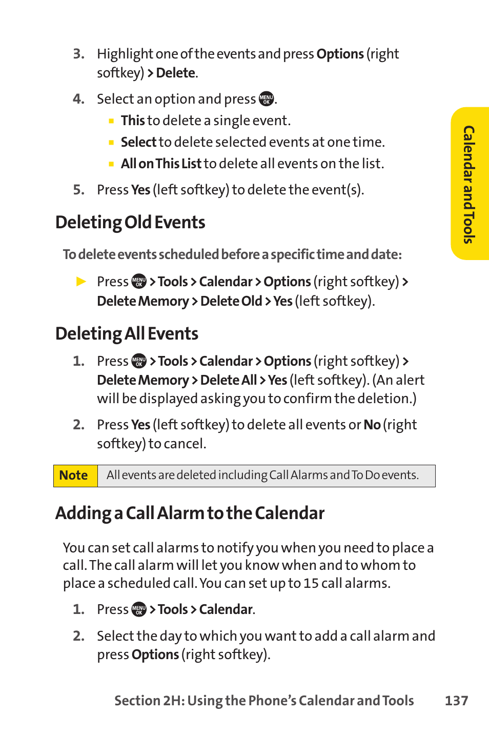 Deleting old events, Deleting all events, Adding a call alarm to the calendar | Sprint Nextel SANYO PRO-700 User Manual | Page 151 / 236
