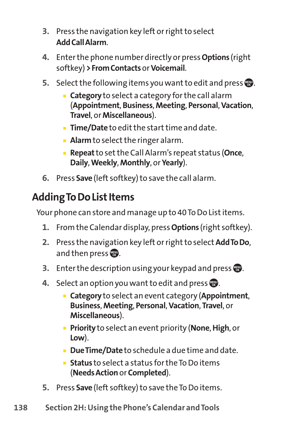 E 138.), Adding to do list items | Sprint Nextel SANYO PRO-700 User Manual | Page 152 / 236