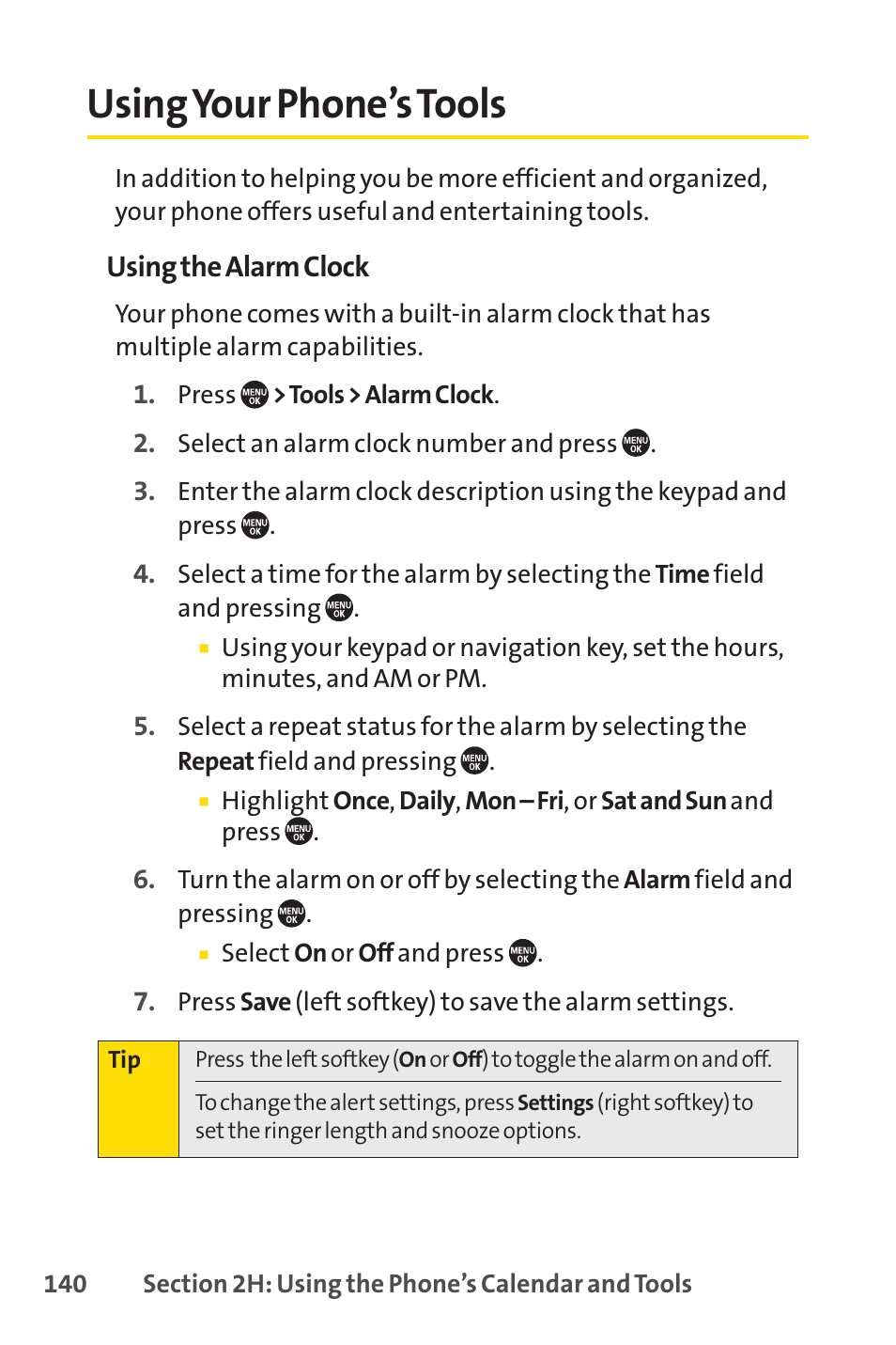Using your phone’s tools, Using the alarm clock | Sprint Nextel SANYO PRO-700 User Manual | Page 154 / 236