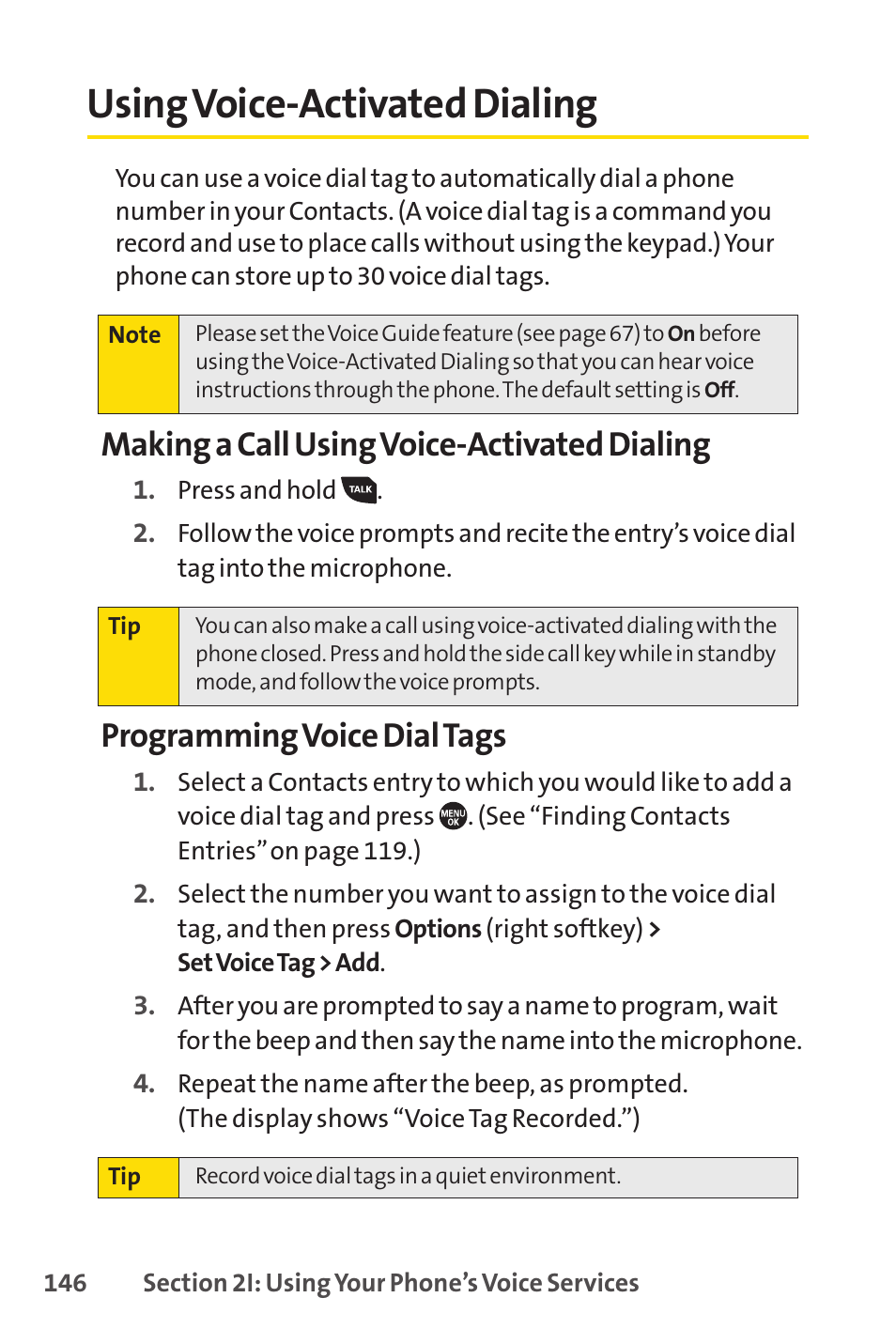 Using voice-activated dialing, Making a call using voice-activated dialing, Programming voice dial tags | Sprint Nextel SANYO PRO-700 User Manual | Page 160 / 236