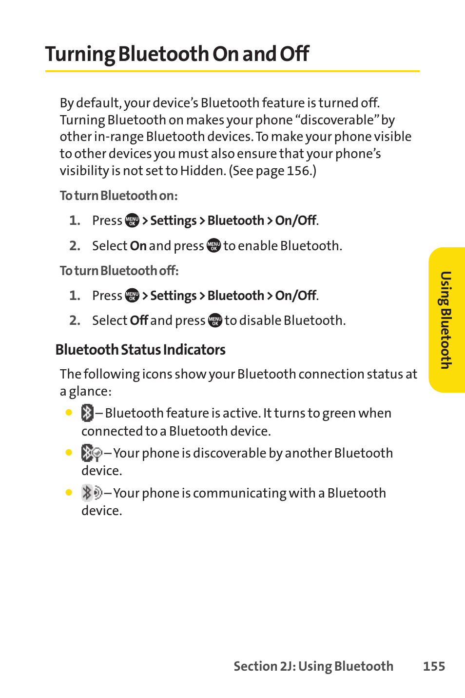 Turning bluetooth on and off, E 155) | Sprint Nextel SANYO PRO-700 User Manual | Page 169 / 236