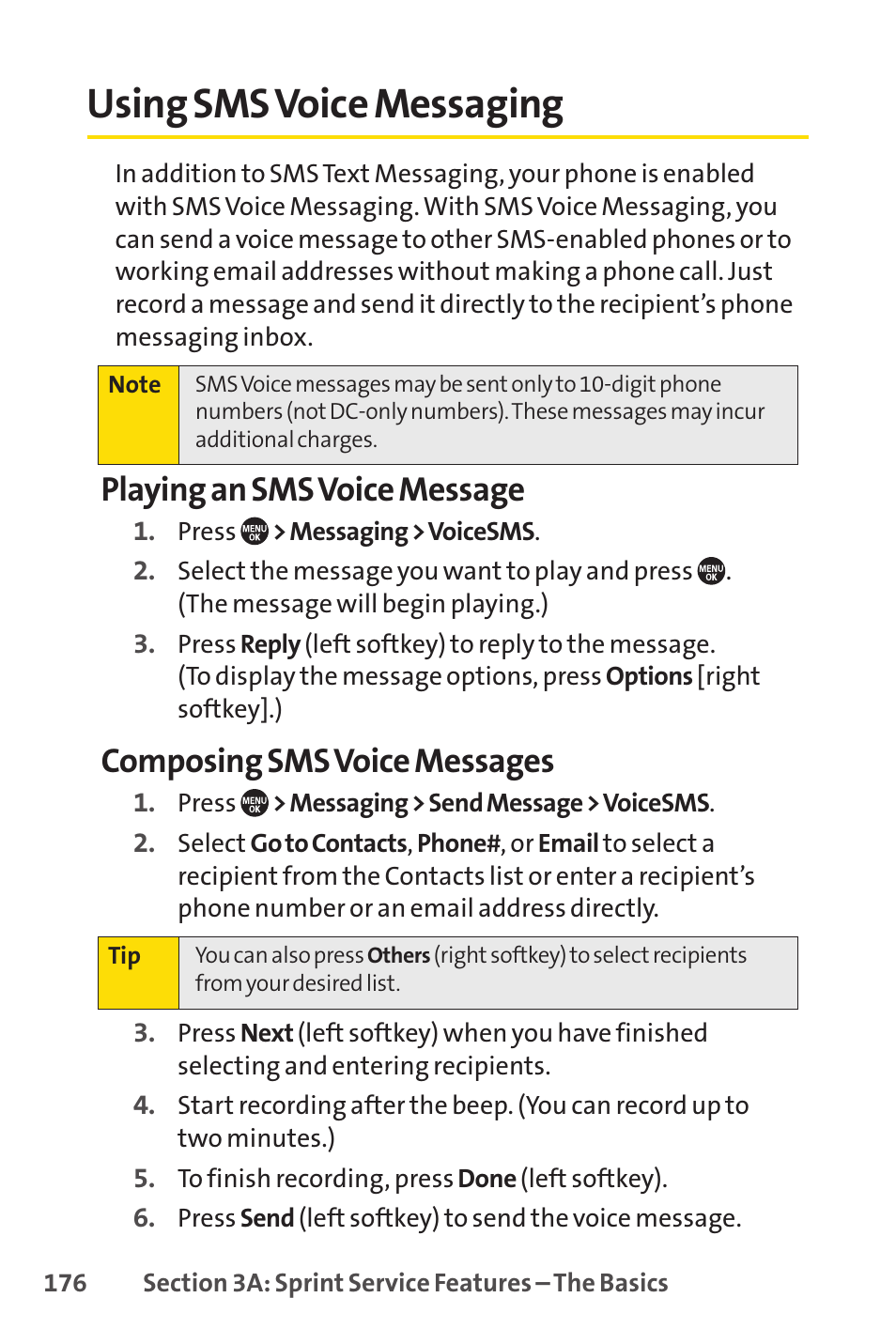Using sms voice messaging, E 176) pr, E 176) | Playing an sms voice message, Composing sms voice messages | Sprint Nextel SANYO PRO-700 User Manual | Page 190 / 236